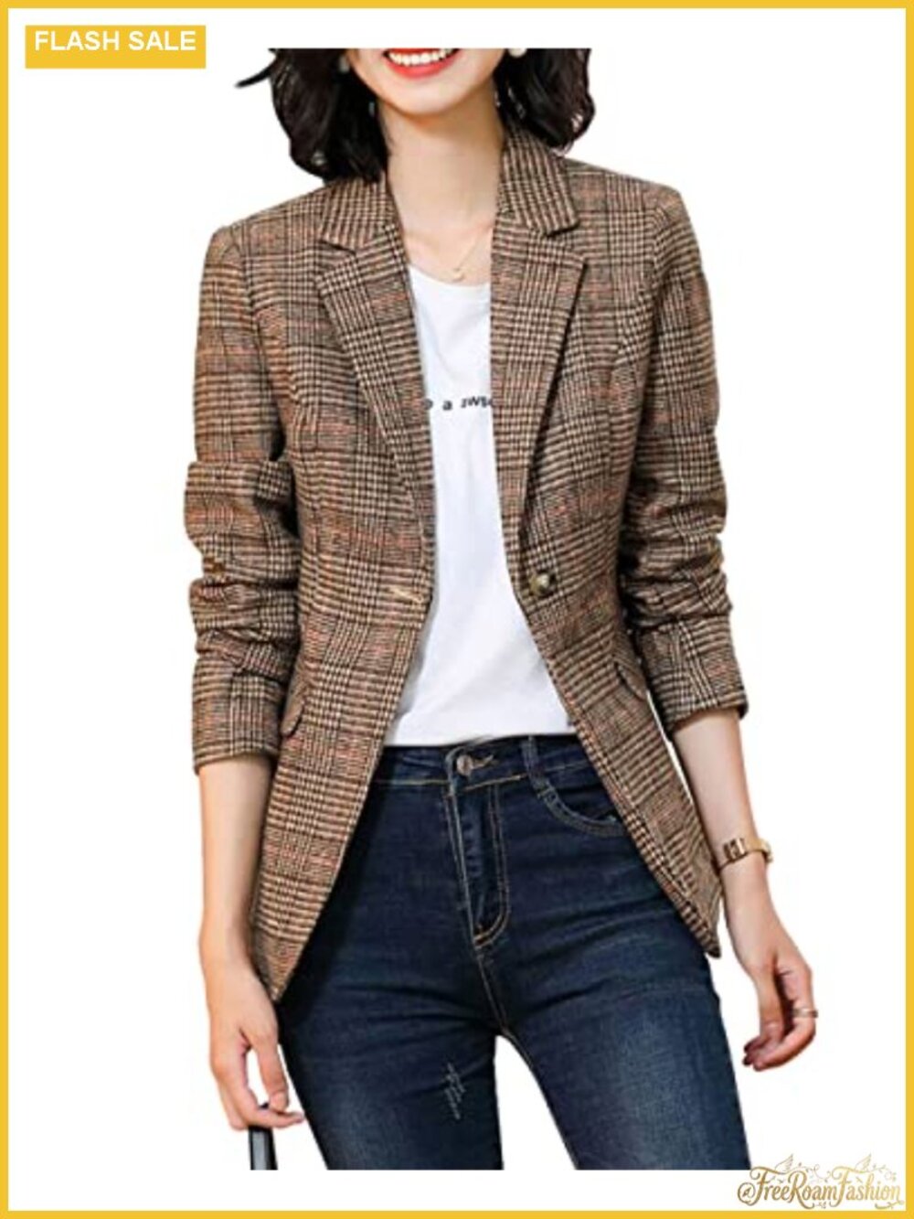 Women Double Breasted Houndstooth Plaid Slim Boyfriend Blazer Jacket